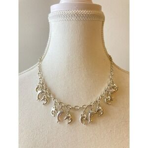 Silver Tone Dolphin Charm Necklace Beach Ocean Nautical Choker‎ Or Collar Length